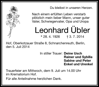 Traueranzeige von Leonhard Übler von Frankenpost