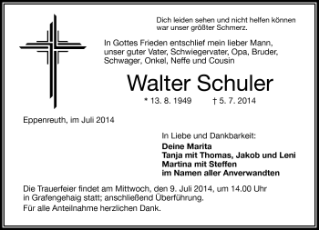 Traueranzeige von Walter Schuler von Frankenpost