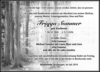 Traueranzeige von Frigga Sommer von Südthüringer Presse