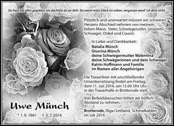 Traueranzeige von Uwe Münch von Südthüringer Presse
