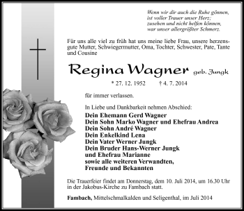 Traueranzeige von Regina Wagner von Südthüringer Presse
