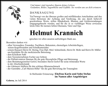 Traueranzeige von Helmut Krannich von Südthüringer Presse