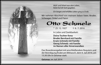 Traueranzeige von Otto Schmelz von Südthüringer Presse