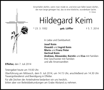 Traueranzeige von Hildegard Keim von Neue Presse Coburg