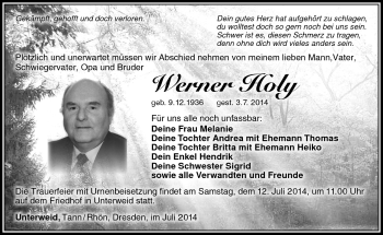 Traueranzeige von Werner Holy von Südthüringer Presse