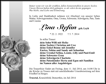 Traueranzeige von Lina Stefan von Südthüringer Presse