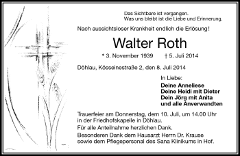 Traueranzeige von Walter Roth von Frankenpost