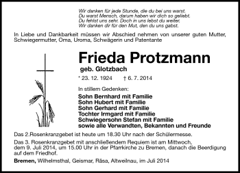 Traueranzeige von Frieda Protzmann von Südthüringer Presse