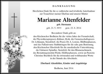 Traueranzeige von Marianne Altenfeld von Südthüringer Presse