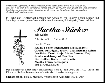 Traueranzeige von Martha Stärker von Südthüringer Presse