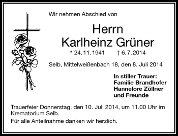 Traueranzeige von Karlheinz Grüner von Frankenpost
