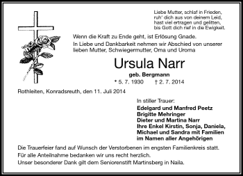Traueranzeige von Ursula Narr von Frankenpost