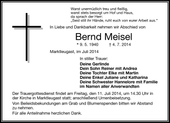 Traueranzeige von Bernd Meisel von Frankenpost