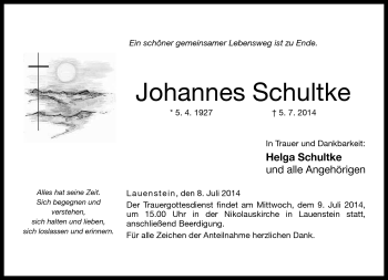 Traueranzeige von Johannes Schultke von Neue Presse Coburg