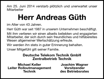 Traueranzeige von Andreas Güth von Südthüringer Presse
