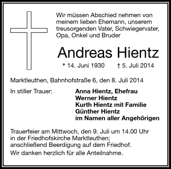 Traueranzeige von Andreas Hientz von Frankenpost
