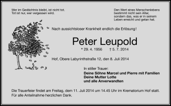 Traueranzeige von Peter Leupold von Frankenpost