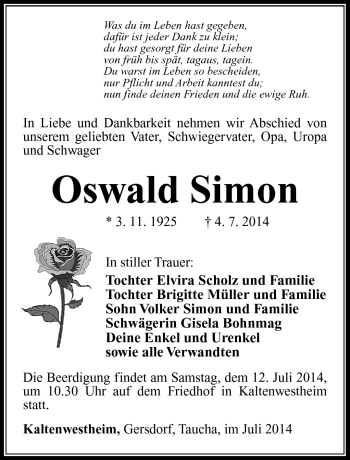 Traueranzeige von Oswald Simon von Südthüringer Presse
