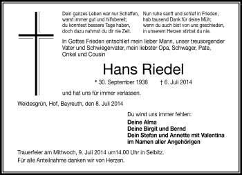 Traueranzeige von Hans Riedel von Frankenpost