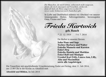 Traueranzeige von Frieda Hartwich von Südthüringer Presse
