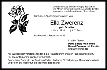 Traueranzeige von Ella Zwerenz von Frankenpost
