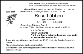 Traueranzeige von Rosa Lübben von Frankenpost