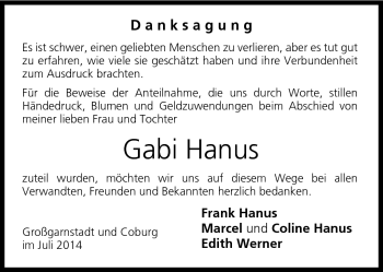 Traueranzeige von Gabi Hanus von Neue Presse Coburg