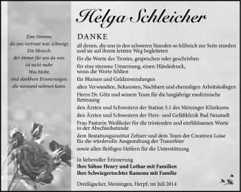 Traueranzeige von Helga Schleicher von Südthüringer Presse