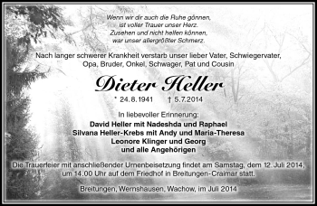 Traueranzeige von Dieter Heller von Südthüringer Presse