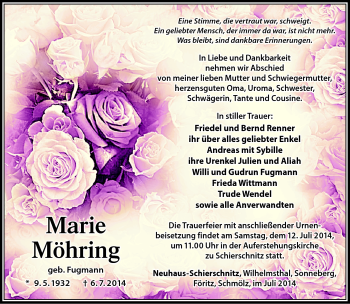 Traueranzeige von Marie Möhring von Südthüringer Presse