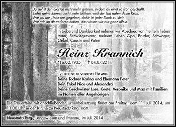 Traueranzeige von Heinz Krannich von Südthüringer Presse