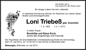 Traueranzeige von Loni Triebeß von Südthüringer Presse