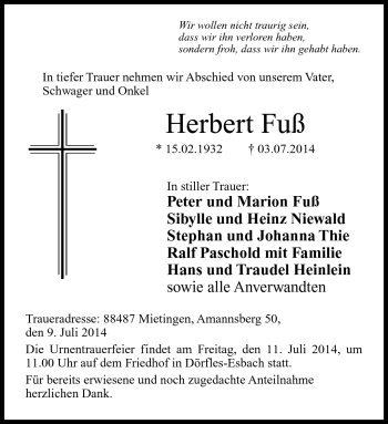 Traueranzeige von Herbert Fuß von Neue Presse Coburg
