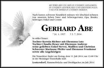 Traueranzeige von Gerhard Abe von Südthüringer Presse