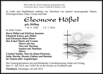 Traueranzeige von Eleonore Hößel von Südthüringer Presse
