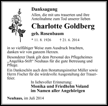 Traueranzeige von Charlotte Goldberg von Südthüringer Presse