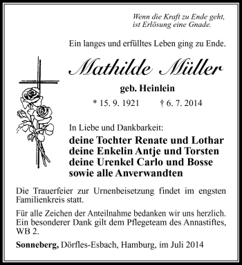 Traueranzeige von Mathilde Müller von Südthüringer Presse
