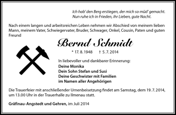 Traueranzeige von Bernd Schmidt von Südthüringer Presse