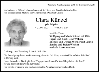Traueranzeige von Clara Künzel von Neue Presse Coburg