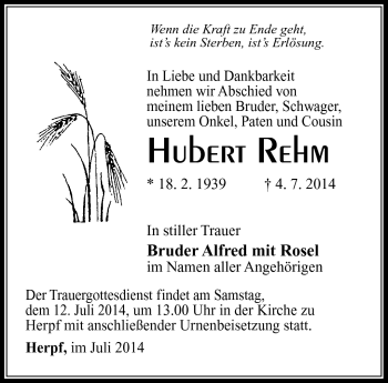 Traueranzeige von Hubert Rehm von Südthüringer Presse