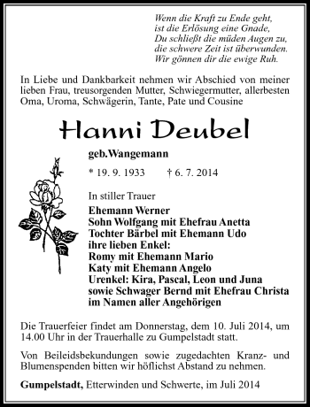 Traueranzeige von Hanni Deubel von Südthüringer Presse