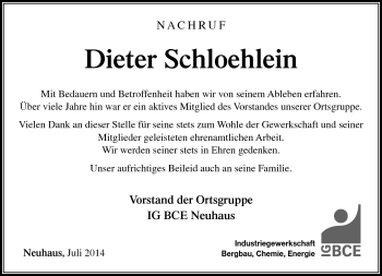 Traueranzeige von Dieter Schoehlein von Südthüringer Presse