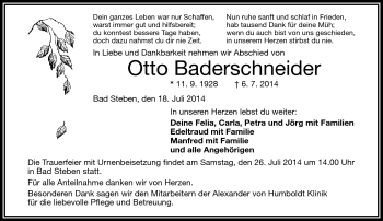 Traueranzeige von Otto Baderschneider von Frankenpost