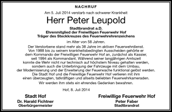Traueranzeige von Peter Leupold von Frankenpost