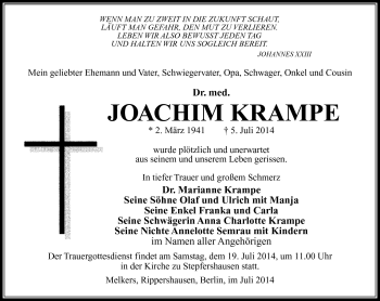 Traueranzeige von Joachim Krampe von Südthüringer Presse