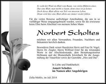 Traueranzeige von Norbert Scholtes von Südthüringer Presse