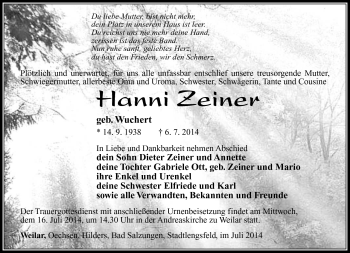 Traueranzeige von Hanni Zeiner von Südthüringer Presse