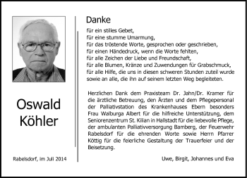 Traueranzeige von Oswald Köhler von Neue Presse Coburg