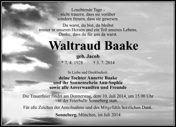 Traueranzeige von Waltraud Baake von Südthüringer Presse