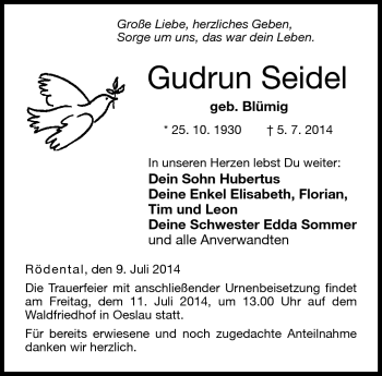 Traueranzeige von Gudrun Seidel von Neue Presse Coburg